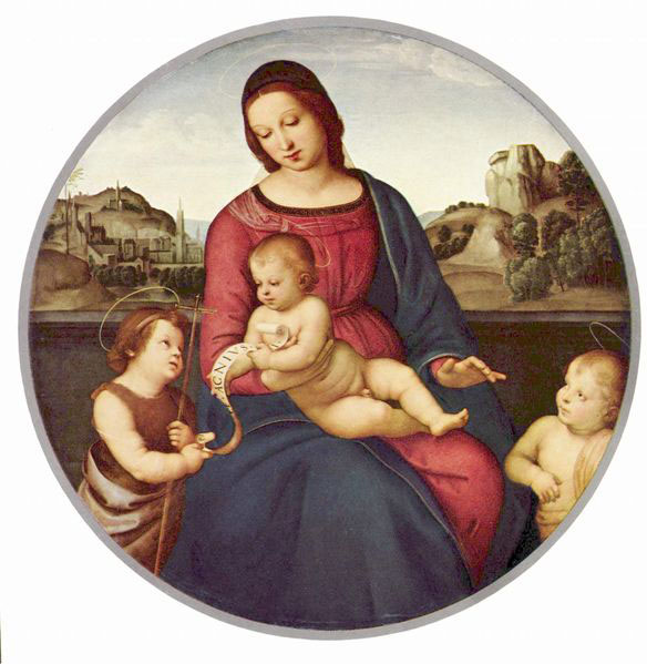 RAFFAELLO Sanzio Madonna Terranuova, Szene: Maria mit Christuskind und zwei Heiligen, Tondo